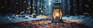 Fire: Warm and inviting lit vintage lantern resting on