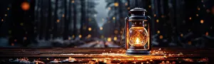 Fire: Warm and inviting lit vintage lantern resting on
