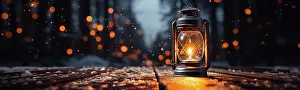 Fire: Warm and inviting lit vintage lantern resting on