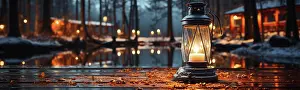 Fire: Warm and inviting lit vintage lantern resting on