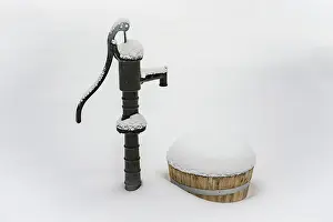 Russ Bishop: Water pump and barrel in snow, Green Valley Lake