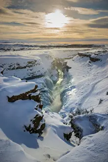 Gullfoss: Waterfall Gullfoss with ice and snow in winter