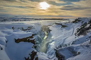 Gullfoss: Waterfall Gullfoss with ice and snow in winter