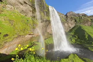 Seljalandsfoss: Waterfall Seljalandsfoss (66 m) with rainbow - Iceland
