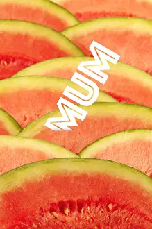Text: Watermelon Slices close-up, Mum in a Melon