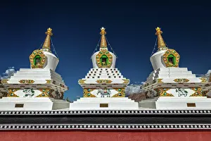 Tibet: White chortens (Buddhist stupas) in Thiksey gompa