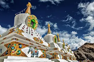 Tibet: White chortens (Buddhist stupas) in Thiksey gompa