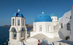 Churches: White churches with blue dome, Agios Spiridonas