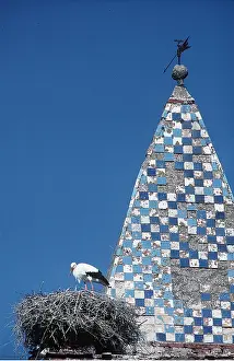 Storks: WHITE STORK - on nest beside blue and white check spire
