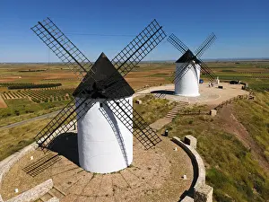 Wind: Two white windmills with black roofs in a wide field