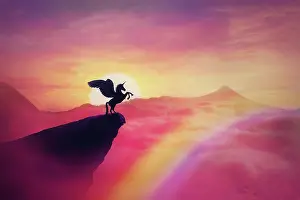 Unicorn: Wild pegasus silhouette on a cliff edge against
