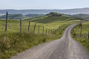 Energy: A winding country lane leads through rolling green hills with fences