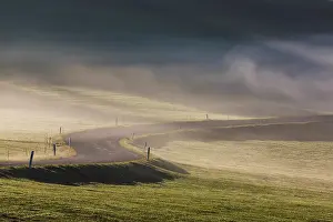 Winding: Winding country road, landscape in the fog, Bisingen