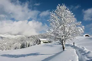 Berchtesgaden: Winter landscape, snow-covered wooden house, Bischofswiesen