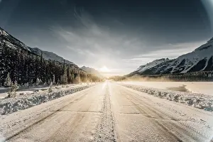 Roads: Winter road trip on the Icefields Parkway with lots of snow and ice