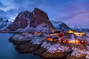Hamnoy: Winter Scandinavian landscape with illuminated red
