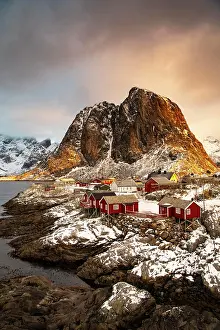 Hamnoy: Winter Scandinavian landscape with illuminated red