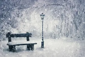 Silence: Winter season painting of a wooden bench and street