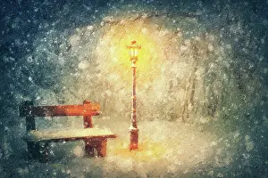 Silence: Wintertime night scene painting. Shining street