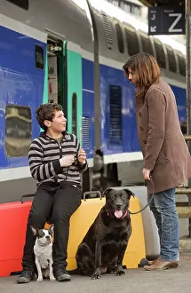 Suitcases: Woman & boy - on train platform with two dogs and