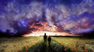 Grain: Woman and child walking on a path flanked by poppy