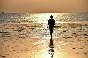 Tideland: Woman walking on the mudflats at sunset, Schlesw
