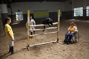 Training: Women and dog jumping in a horse therapy center