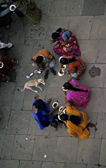 Uttar: Women eating in the street and dog Varanaci India