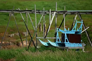 Sledges: Wooden Sledge traditional wooden sledge on a meadow Summer