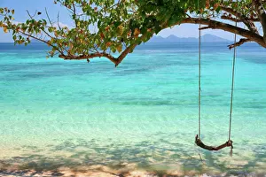 Swing: Wooden swing on tropical beach. Travel destinati