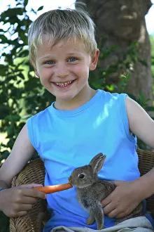 Carota: Young boy giving a carrot to a rabbit France
