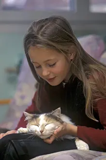 Wheedle: Young girl caressing a cat