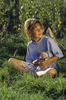 Crossbreed: Young girl with a kitten and a Cockatiel on her shoulder
