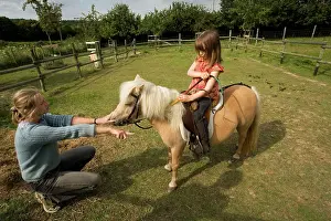 Minature: Young girl riding Shetland Pony in paddock