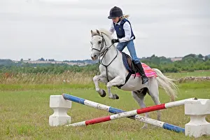 Owners: Young girl on white horse jumping in gymkhana competition