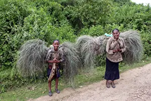 Bundles: Young girls carrying bundles of grass