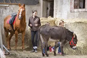 Saddles: Young girls near an ass and a horse Reiningue France